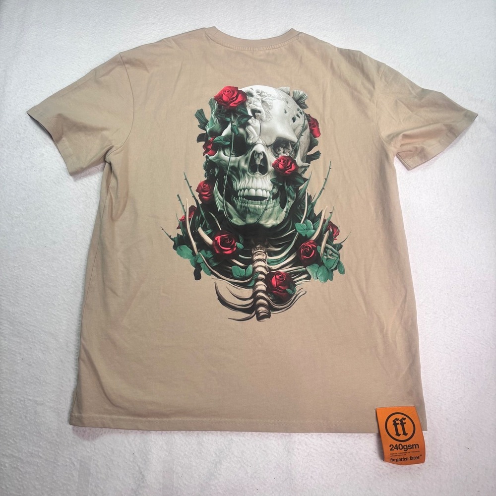 Forgotten Face Skull Rose Graphic Tee Beige Heavyweight Streetwear Gothic Size L